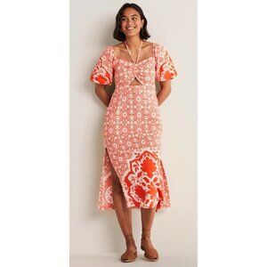 BODEN 100% Linen Puff Sleeves Peasant Long Dress Womens 10 Floral Halter Smocked